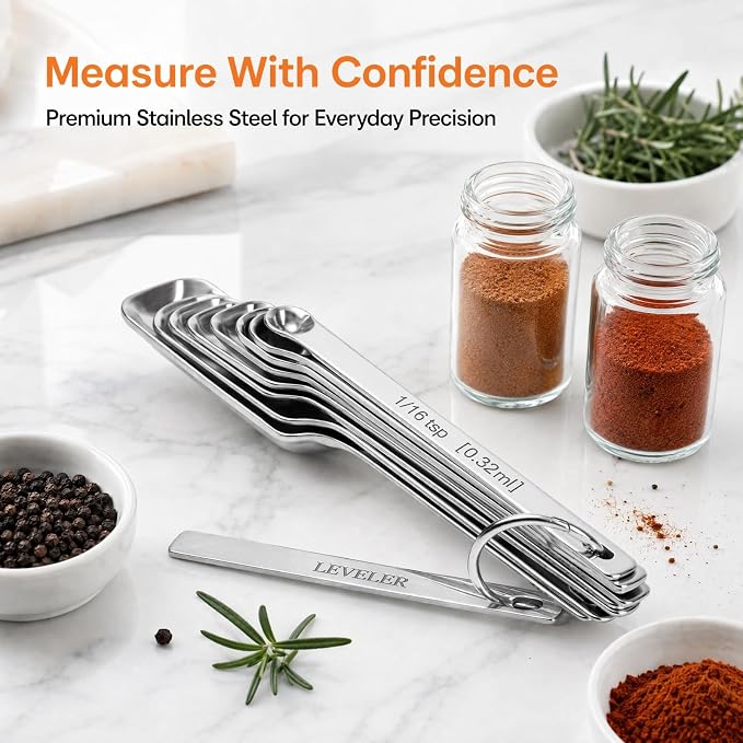 Stainless Steel Measuring Spoons Set of 13, Includes 7 Rectangular Measuring Spoons, 1 Leveler & 5 Tiny Spoons, Compact Spoons Design for Spice Jars, Ideal for Dry and Liquid Ingredients