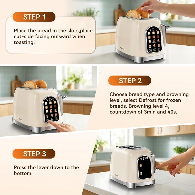 RONGBEST Retro 2 Slice Touchscreen Toaster with Stainless Steel Wide Slot for Breakfast Bread Bagel, Reheat & Defrost, 6 Browning Levels, Removable Crumb Tray, Cream Color