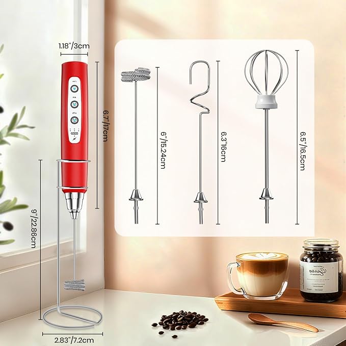 Colarlemo Milk Frother Handheld Rechargeable with Stand, Frother Wand Drink Mixer Electric Whisk for Coffee, Detachable With 3 Stainless Whisks, Hand Mixer for Lattes, Cappuccino, Matcha, Egg, Red