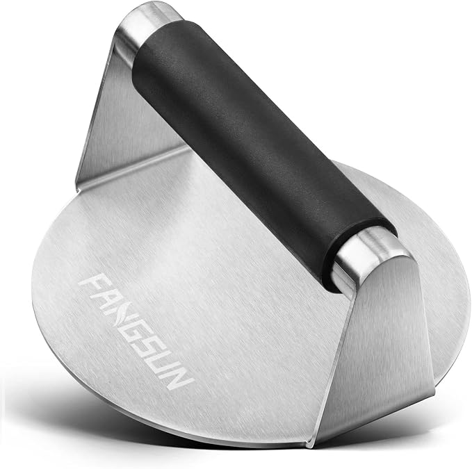 FANGSUN Stainless Steel Burger Press, 5.8 Inch Burger Smasher for BBQ | Heat-Resistant Handle, Dishwasher Safe, Easy Cleanup, Round Flat Base, Smooth Surface, Griddle & Flat Top Grill Use