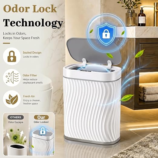 2.6 Gallon Automatic Bathroom Trash Can with Touchless Lid, White Grey | Motion Sensor Trash Can with Slim Waterproof Body; Small Plastic Garbage Can, hands-free lid for Bedroom, office, and kitchen