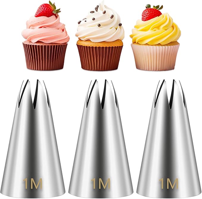 Suuker 1M Piping Tips Set, 3 Large Open Star Cake Decorating Tips | 3 Matching 1M Open Star Icing Tips for Cupcake Swirls, Rosettes, Shells, Stars and Cake Borders