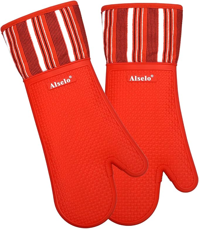 Alselo Silicone Oven Mitts Set, Heat Resistant 550 Degree,7.5"x16" | Extra Long Kitchen Mittens,Waterproof & Non-Silp Oven gloves for Baking Cooking Barbecue Microwave (Extra Long Red, 2)