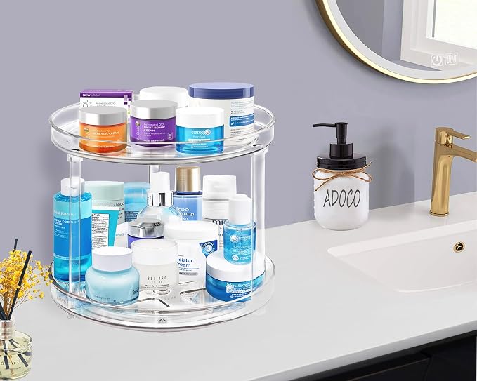 2 Tier Lazy Susan Organizer D:10.6 Inch | Clear Makeup Skincare Organizer for Vanity, Bathroom Countertop Organizer, Spice Rack Organizer