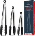 Kitchen Tongs - 12, 9 & 7 Inch Locking Silicone Tongs for Cooking, Set of 3 | Black Tongs with Silicone Tips, Heat Resistant Tongs for Grilling, Serving, Mixing