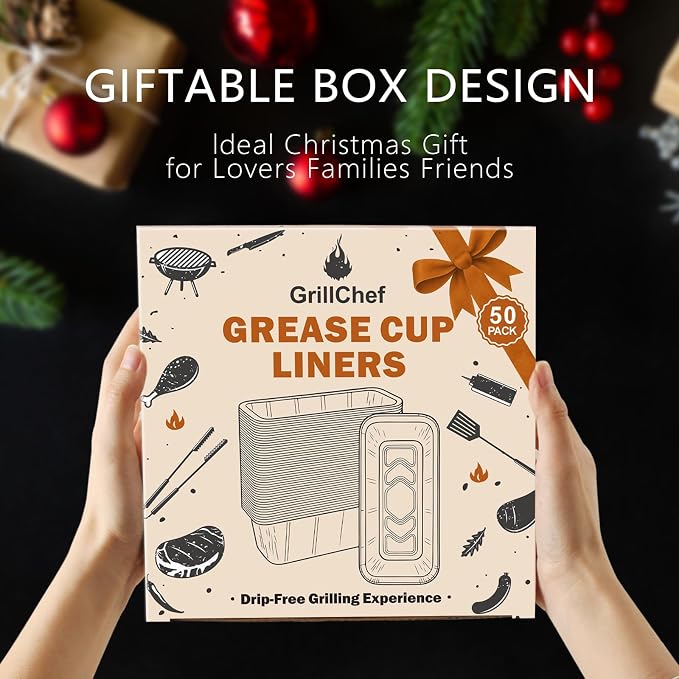 GrillChef 50-Pack Grease Cup Liners Griddle Accessories for Blackstone | Drip Pan Aluminum Foil for Blackstone 17, 22, 28, 36 Inch Griddle, Gift Box Design, Grease Catcher Grill Tray, Disposable