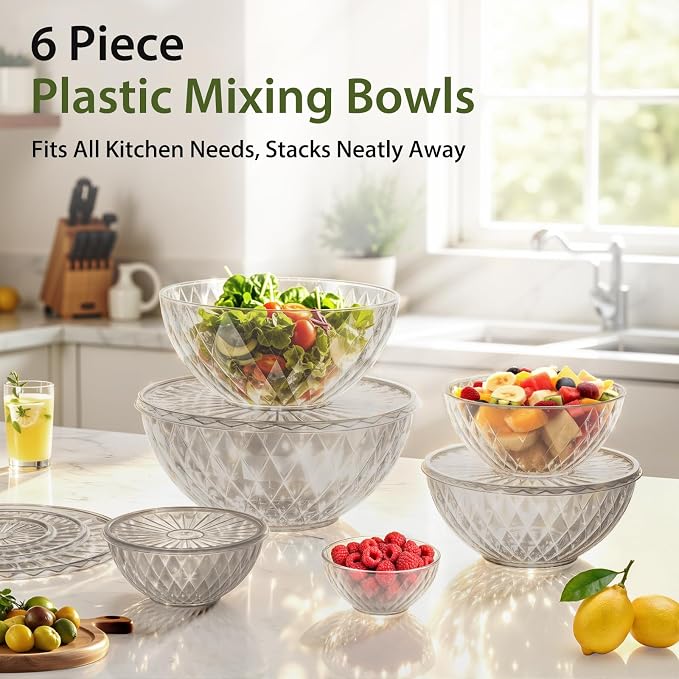 Plastic Mixing Bowls with Lids, 6 Piece Nesting Bowls Set for Kitchen | One-Press Lids, Meal Prep, Salad Mixing, Baking, Serving, Storing, Dishwasher & Microwave Safe, 5.3/3.2/1.9/1.2/ 0.6/0.3 QT