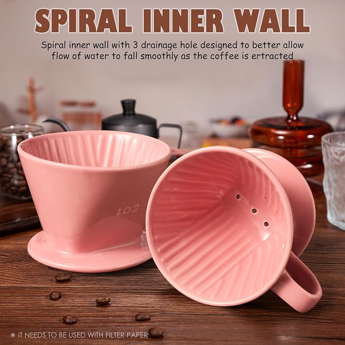 Pour Over Coffee Dripper, Ceramic Pour Over Coffee Maker, Pink | 3 Holes Flat Bottom, Easy Manual Brew Maker, Porcelain Slow Filter Cone for Travel, Camping, Office, Home