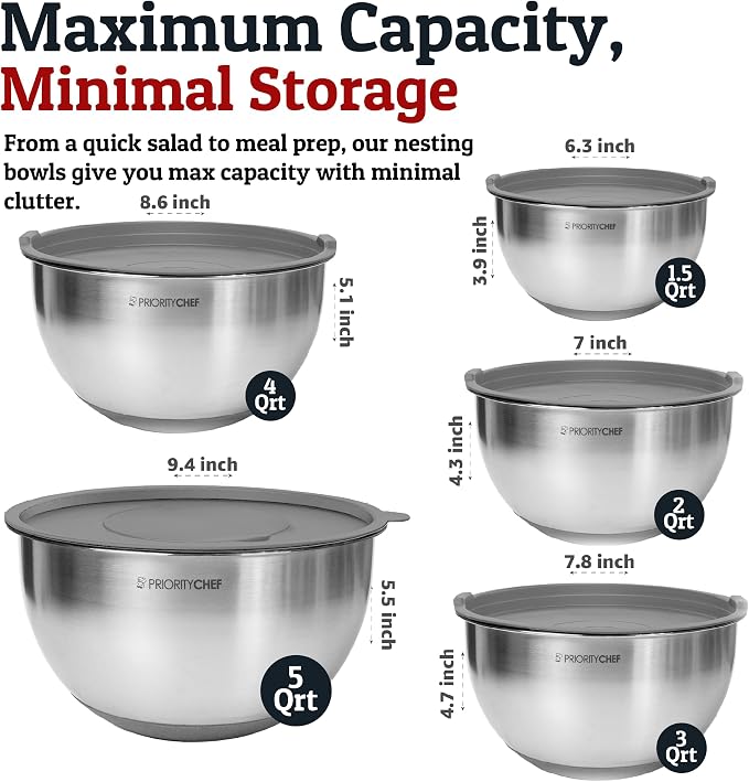 Stainless Steel Mixing Bowls with Lids Set, Metal Nesting Bowls with Airtight Lids, Graters, Non-Slip Base & Measurement Marks, Includes Utensil Set for Prep, Baking & Storage, Grey