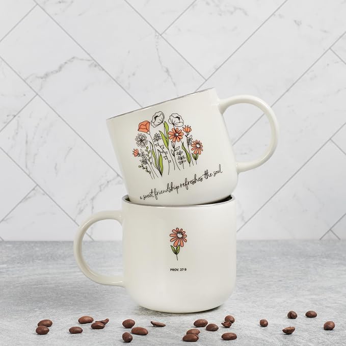 Christian Art Gifts Large Ceramic Coffee & Tea Mug for Women & Friends: Sweet Friendship - Proverbs 27:9 Scripture, Cute Microwave/Dishwasher Safe Floral Cup, Sage Green/White, 15 oz. (Pack of 2)