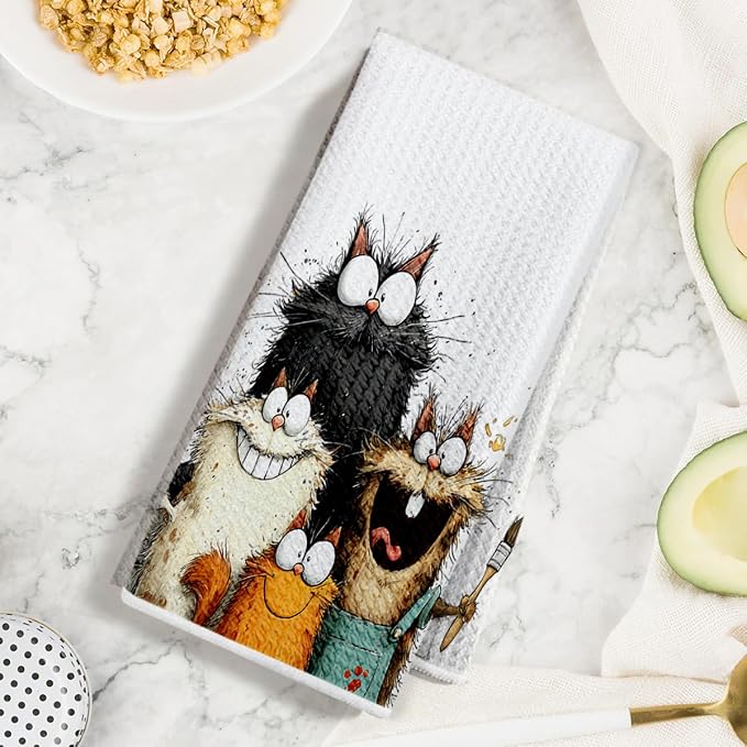2 Pcs Cute Cat Kitchen Towels, Funny Cats Gifts Absorbent Hand Towels-05 | Cat Dish Cloths for Drying Dishes, Cats Waffle Dish Towels for Kitchen Home Bathroom Decor, Cat Lover Gifts for Women Mom