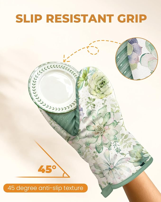 100% Thick Cotton Mini Oven Mitts Silicone Grip Bright Succulents | Elegant Classic Oven Mitts for Women, Machine Washable, Non-Slip, Reversible Design Fits Both Hands, Stylish Kitchen Decor