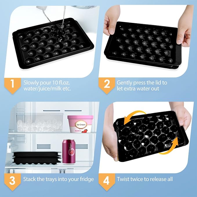 Ice Cube Tray with Lid and Bin, 1" Round Ice Trays for Freezer | 2 Black Ice Cube Trays with Ice Box & Scoop, 1" Round Ice Balls for Iced Coffee & Juice, Easy Twist Release, For Gatherings