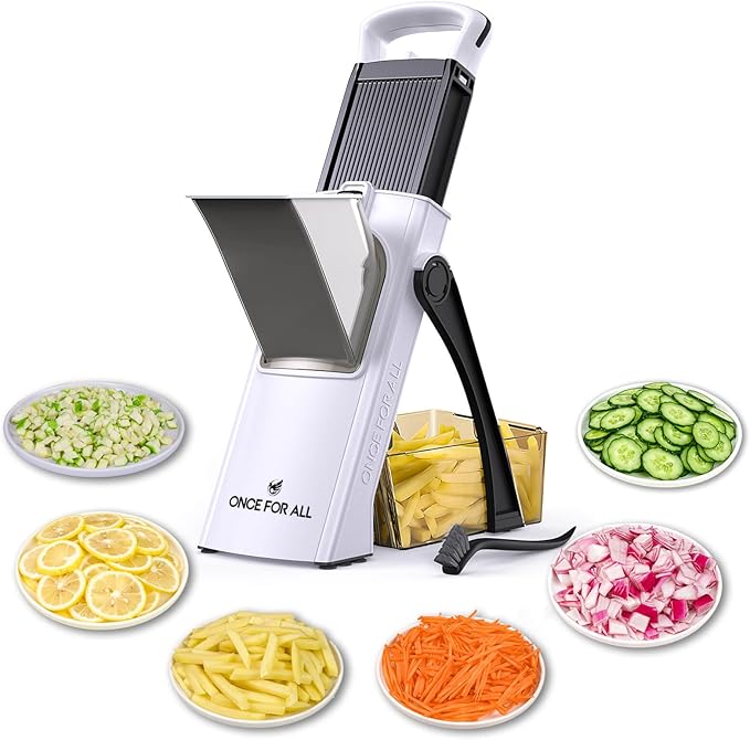 ONCE FOR ALL Safe Mandoline Slicer Plus, Bigger Size, Potato Slicer, Black | 0.1-8mm Adjustable Vegetable Food Chopper, Kitchen Mandoline Slicer Stainless Steel, Detachable Blade, Dishwasher-safe, Gift