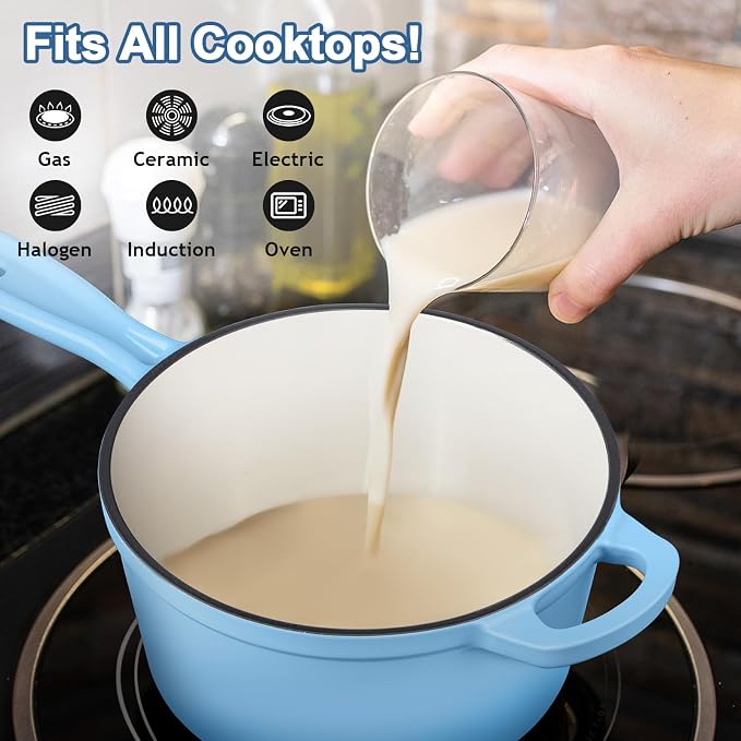 Enameled Cast Iron Sauce Pan with Lid, Leonyo 1 Quart Saucepan with Lid, Small Enamel Cast Iron Dutch Oven Kitchen Cookware for All Cooktops Cooking Soup, Milk - Up to 500°F & 4.4Lbs, Lake Blue