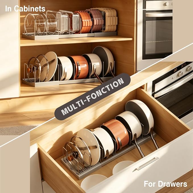 Magheo Pots and Pans Organizer Under Cabinet, Expandable 12.6"-22.8" Kitchen Cabinet Organizer Holder with 10 Adjustable Dividers for Food Storage Container Lid, Cookie Sheet, Cookware(1 Pack, Gray)