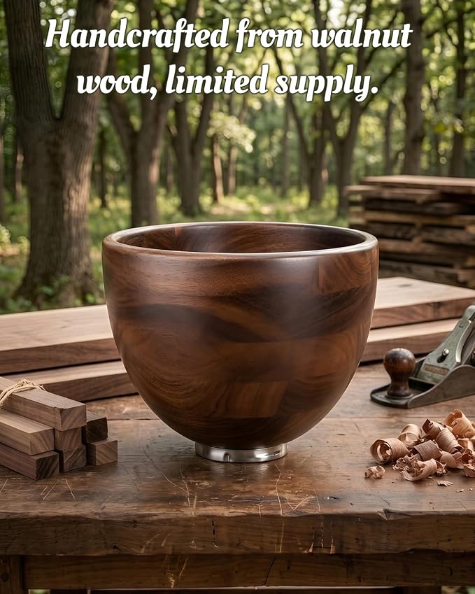 Premium Solid Walnut Wood Mixing Bowl, Compatible with KitchenAid 4.5 & 5 QT Tilt-Head Stand Mixer, Wooden Mixing Bowls for Mixer with Stainless Steel Locking Base, A Thoughtful Gift for Mixer Owners