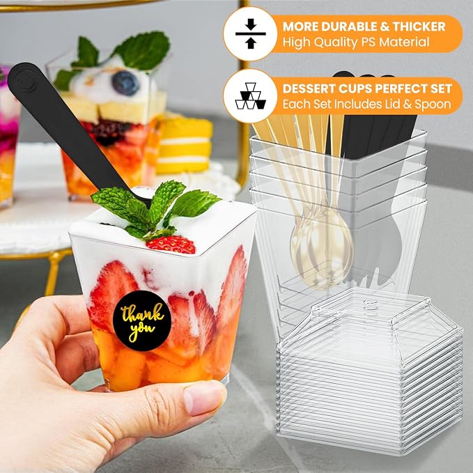 165 Pcs 5oz Clear Plastic Dessert Cups with Lids & Spoons – BPA-Free Mini Parfait & Pudding Cups, Disposable or Reusable Appetizer Containers