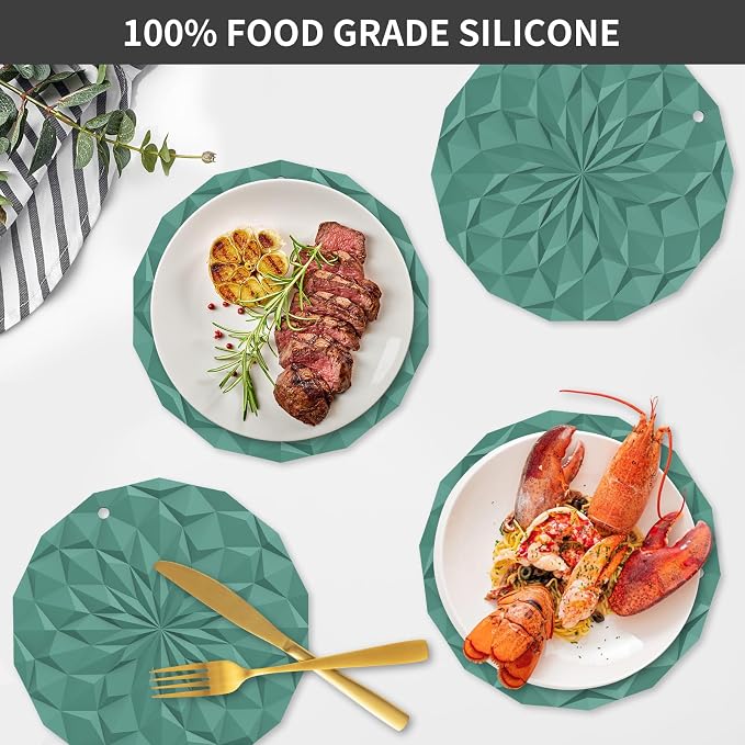 ME.FAN Silicone Trivet Mats - 4 Pack Pot Holders - 7.4'' Thickened Hot Pads for Hot pots, Pans and Dishes, Heat Resistant Silicone Trivet for Table and Counter Top Teal Blue