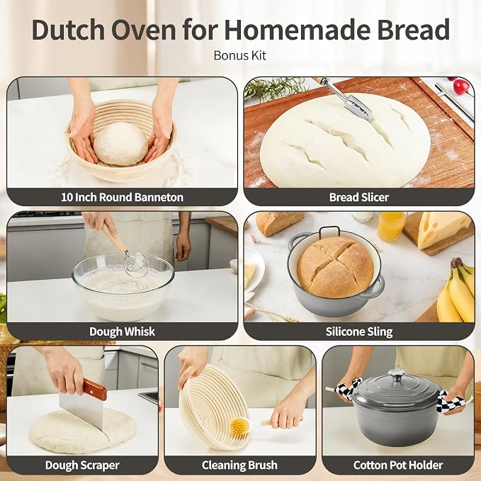 Enameled Cast Iron Dutch Oven pot 6.5 QT with Lid for Bread Baking | Cookware incl. Sourdough Bread-Baking Supplies like Banneton, Dough Whisk, Gloves, Oven Safe for Stews, Roasting Gray