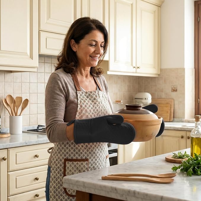 Heat Resistant Silicone Oven Mitts, Up to 500°F Protection for Baking & Grilling, 1 Pair (Black, Standard Thickness)