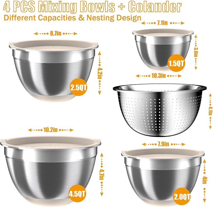 Mixing Bowls with Airtight Lids Set, 4 Stainless Steel Bowls Nesting Bowls & Colander, Kitchen Organizers and Storage Non-Slip Bottom, Size 1.5/2.0/2.5/4.5QT, Great for Mixing & Serving, Khaki