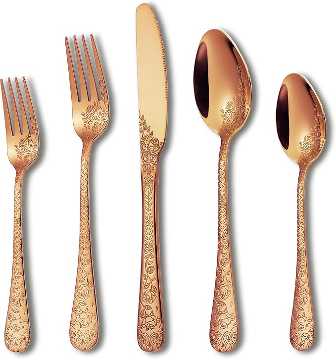 Runfly Modern Carved Floral Rose Gold Stainless Steel 20-Piece Flatware Set | Silverware Set, Vintage Utensil Set, Cutlery Set for Home and Kitchen, with Knife/Fork/Spoon