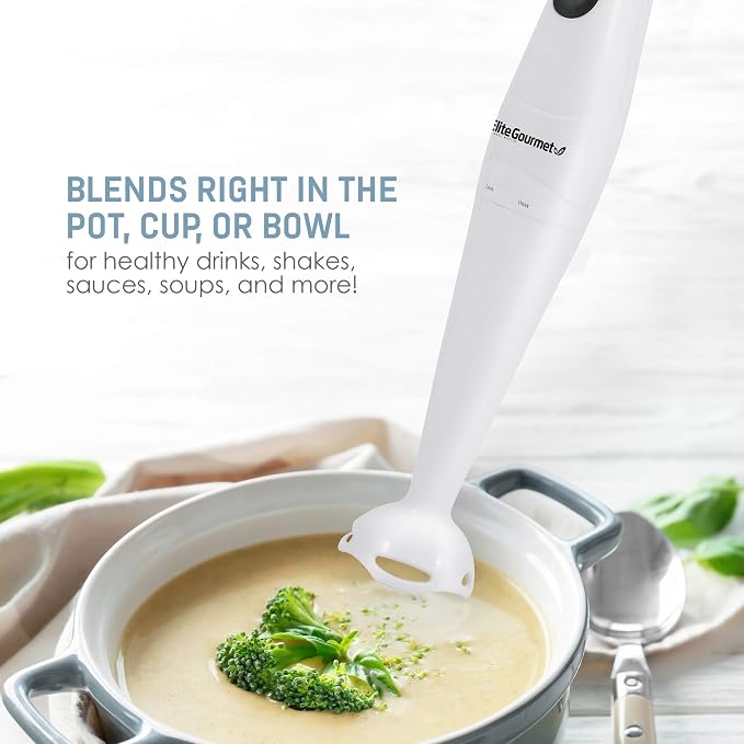 Elite Gourmet EHB-2425X Immersion Hand Blender, 1-Touch, 150W, White | Doubles as a mixer and chopper for soups, sauces, and baby food