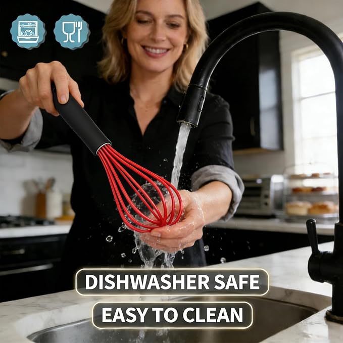 Anaeat Silicone Kitchen Whisk Set of 4, Perfect for Non-Stick Cookware, Milk and Egg Beater Blender for Whisking, Cooking, Baking, Beating - 11'' Flat Whisk and 9''+11''+12'' Balloon Whisks (Red)