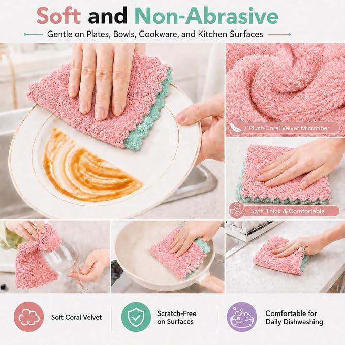 kimteny 12 Pack Dish Cloths for Washing Dishes | Super Absorbent Microfiber Kitchen Dish Rags, Fast Drying Coral Velvet Dish Cloths for Kitchen Counter and Dishes, Pink-Green