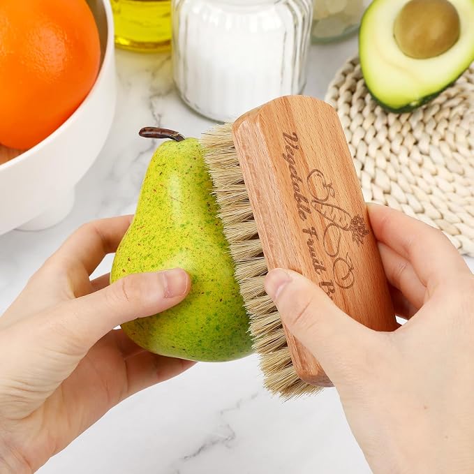 2 Pack Vegetable Scrubber, Veggie Potato Fruit Brush for Food | Firm Bristles, Wood Veggie Wash Scrubber, Carrot Cucumber Tableware Cleaning, Kitchens Camping Brush Tool