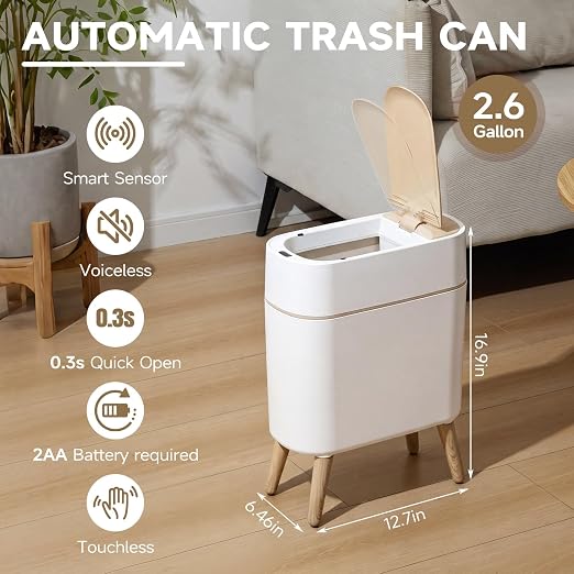 Motion Sensor Bathroom Trash Can with Lid,Slim Automatic Wastebasket | Narrow, Plastic, Auto, Convenient and Hygienic Easy to Use,2.6 gallon Small Garbage Can for Bedroom,Office,Living Room(White)