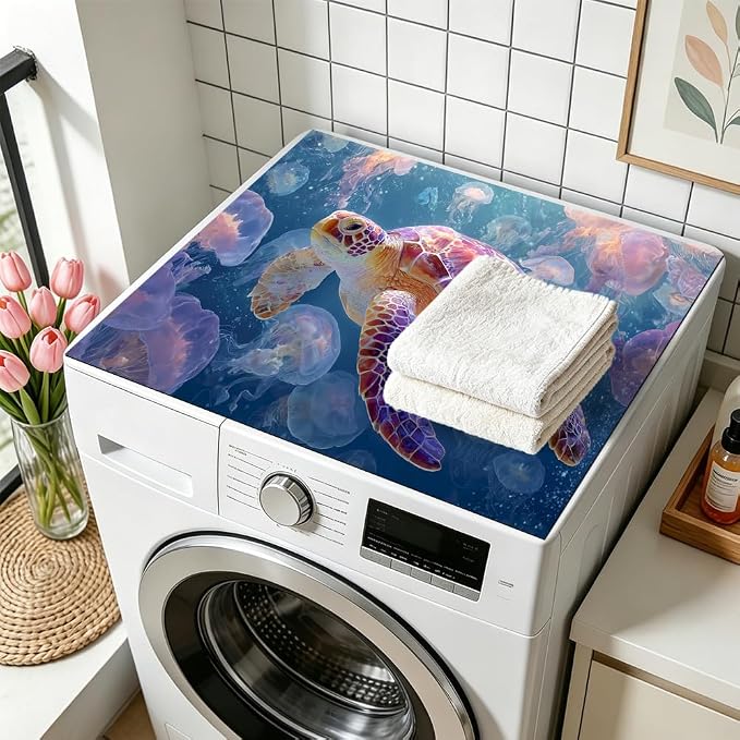 Sea Turtle Jellyfish Washer Dryer Cover Mat 28.35x20.47 in | Heat Resistant Cooktop Protector Mat with Non-Slip Backing, Scratch Protection and Countertop Drying Mat.