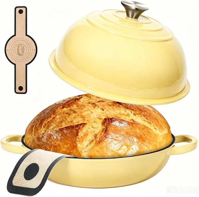 6QT Enameled Cast Iron Yellow Dutch Oven For Sourdough Bread Baking | Dutch Oven Pot With Lid,Non-stick Sourdough Baking Pan with Bread Dome,Round Ceramic Dutch Oven Pot for Homemade