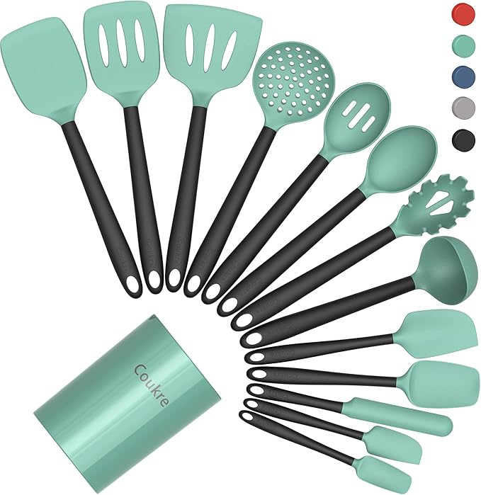 Coukre Silicone Kitchen Cooking Utensils Set, Heat Resistant, 14-Piece | Dishwasher-Safe, Food-Grade Silicone, BPA-Free, Spatulas, Spoons & Turner, Safe for Nonstick Cookware, AquaGreen