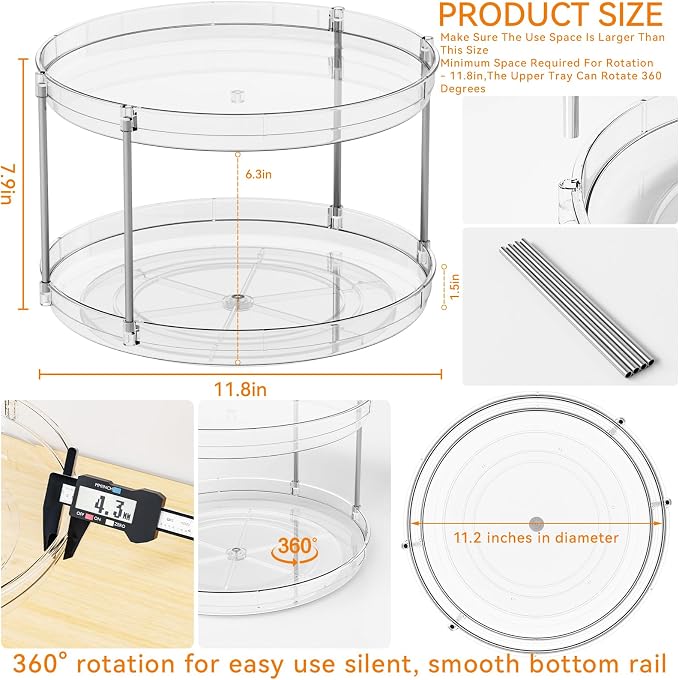 2 Tier Lazy Susan Turntable for Cabinet,Countertop,Pantry,12"W Spinning Seasoning Organizer,Double Rotating Kitchen Spice Rack Organizer and Condiments,Medicine,Vitamin Bottle Organizer Carousels,2Pc