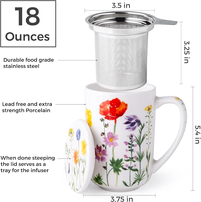 AmorArc Tea Cup With Infuser and Lid, 18oz Loose Leaf Tea Mug With Steeper | Porcelain Tea Mug With Infuser and Lid, Large Strainer Tea Cup with Lid for Tea, Coffee Mug for House-warming Birthday Gift