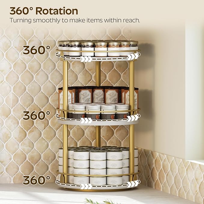 3-Tier Lazy Susan, Rotating Spice Rack, Spinning Organizer, Industrial Turntable Spice Rack for Cabinet, Kitchen Countertop, Pantry, White and Gold SR23DW