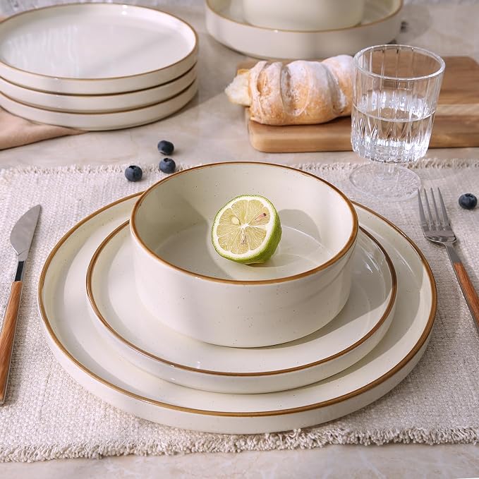 Famiware Nebula 18-Piece Dinnerware Set, Vanilla White with Brown Rim | Stoneware Dish Set for 6, Plates and Bowls, Microwave and Dishwasher Safe, Chip and Scratch Resistant