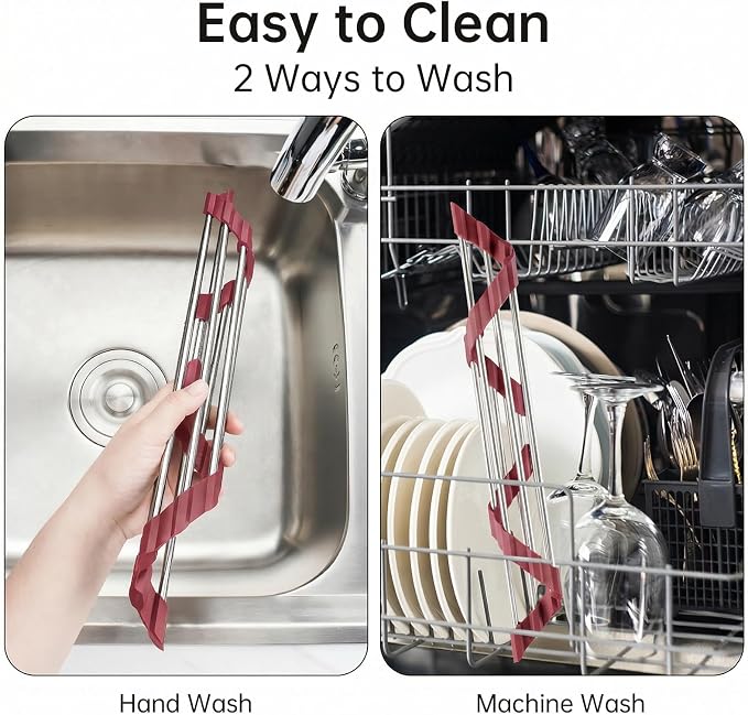 Tomorotec Triangle Roll Up Dish Drying Rack 304 Stainless Steel Wine Red | BPA-Free Food-Grade Silicone Edges Foldable Waterproof Rustproof Heavy-Duty Space Saver Heat Resistant to 550°F