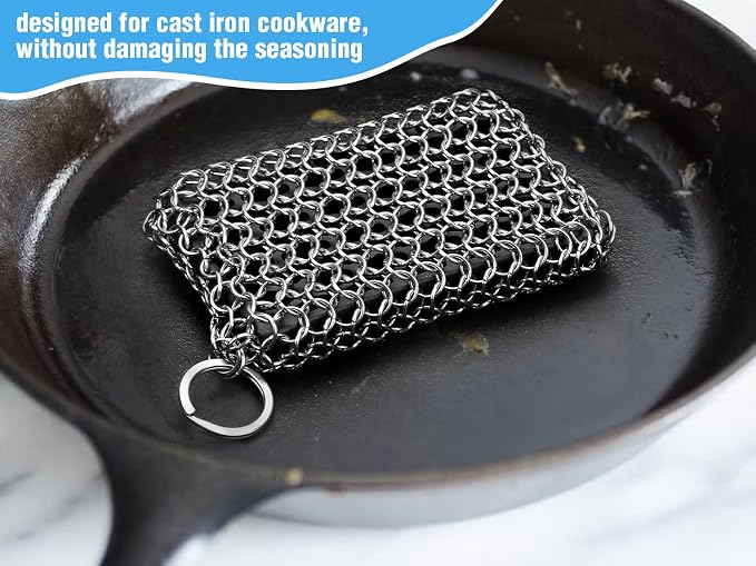 Herda 316L Cast Iron Scrubber Cleaner, Large Chainmail Cast Iron Cleaner | Honeycomb Silicone Insert, Flexible,Stainless Steel Chain Mail Metal Sponge Scrub Skillets,Oven,Flat Top,Grill Pan Pot Brush