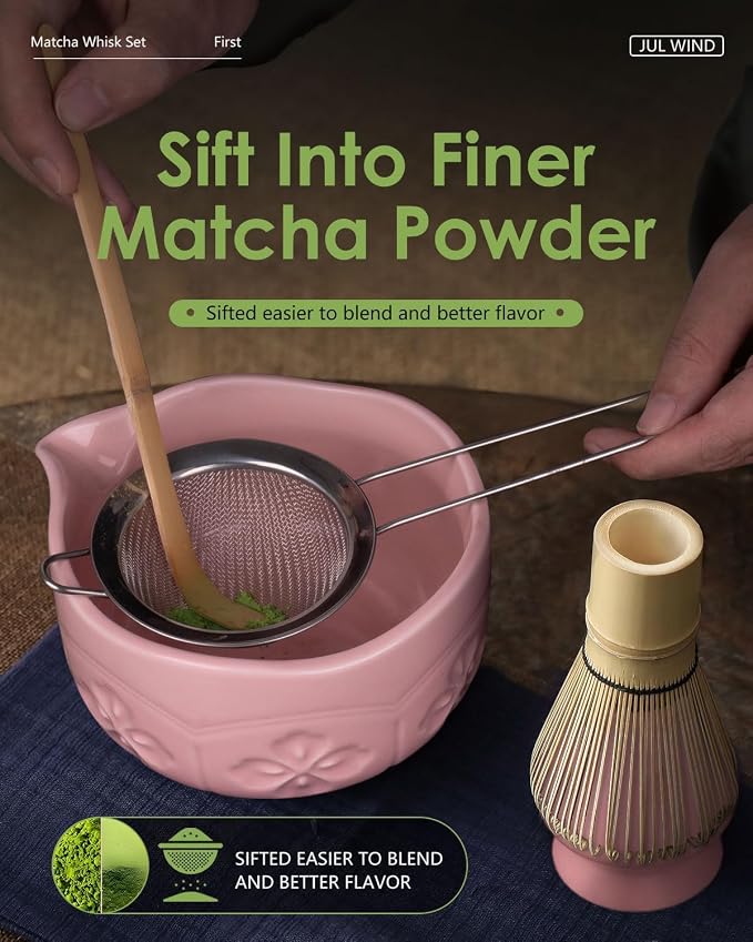Matcha Whisk Set, Ceramic Matcha Set Includes Matcha Bowl and Matcha Whisk | Holder, Spout, Bamboo Scoop, Sifter and Tea Towel - 6 Pcs Matcha Kit Gift for Matcha Lovers Beginners