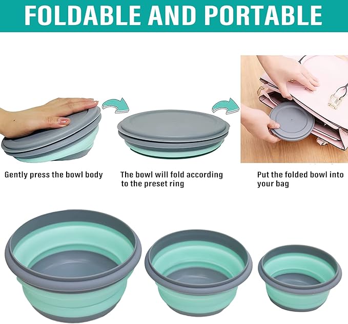 Collapsible Bowls, 3pcs Food Grade Silicone Camping Bowl Salad Bowl with lids, Portable Expandable Lunch Box Food Storage Container for Camping Travel and Picnic,Blue