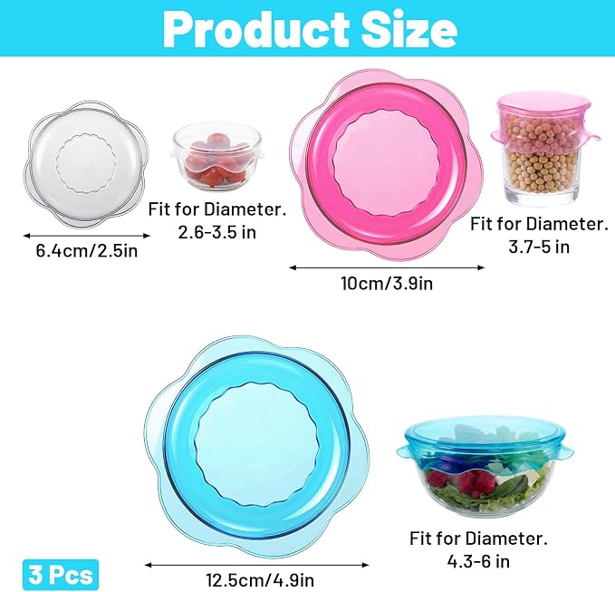 3PCS Silicone Stretch Lids for Food Storage, Reusable Elastic Silicone Lids for Bowls, Cups, Jars Cover, Microwave & Freezer Safe