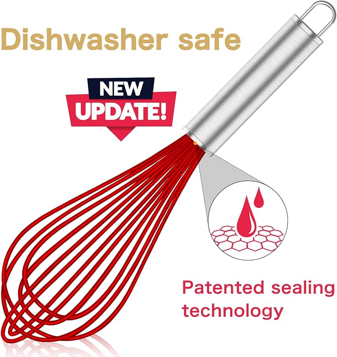 OYV Red Silicone Whisk Set of 3, 8/10/12 Inch, for Cooking Non-Scratch | BPA-Free Silicone, Heat Resistant Up to 480°F, Stainless Steel Core, Dishwasher Safe, Nonstick-Safe