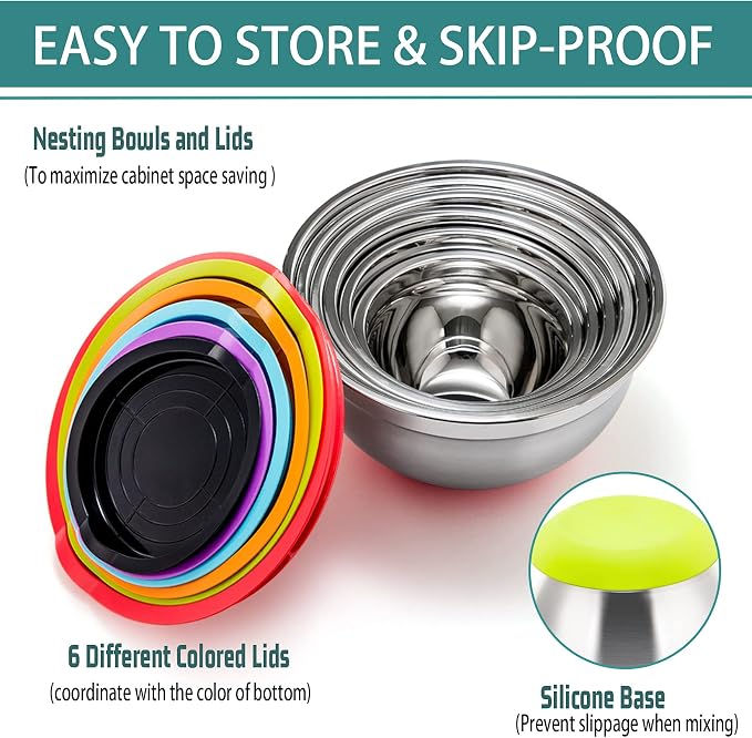 P&P CHEF Stainless Steel Mixing Bowls With Lids, Set of 6, Multicolor | Salad Nesting Mixing Bowls & Fitting Lids & Non-Slip Silicone Bottom, Ideal for Mixing, Storing, Size 0.7/1/1.5/2.5/3/4.6 Qt