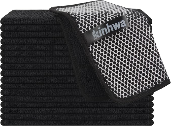 Dish Cloths for Washing Dishes with Scrub Side, Microfiber Dish Rags | Dual-sided microfiber dish cloths with scrubber for stuck-on food, quick dry kitchen washcloths 18 Pack, 7" x 7 Inch Black