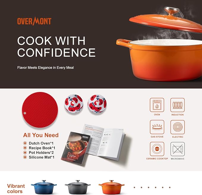 Overmont Enameled Cast Iron Dutch Oven - 5.5QT Pot with Lid Cookbook & Cotton Potholders - Heavy-Duty Cookware for Braising, Stews, Roasting, Sourdough Baking Orange