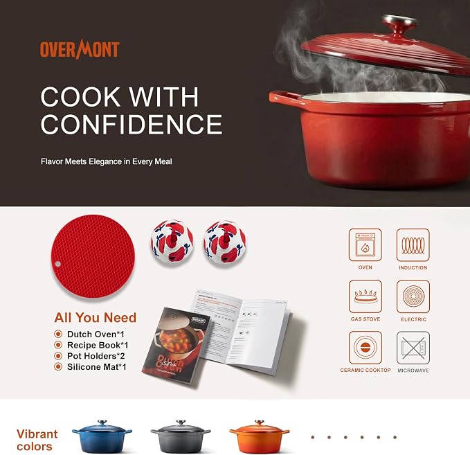 Overmont Enameled Cast Iron Dutch Oven - 5.5QT Pot with Wide Handles Lid Cookbook & Cotton Potholders - Heavy-Duty Pre-Seasoned Cookware Oven Safe to 500°F for Braising, Stews, Roasting, Sourdough Baking