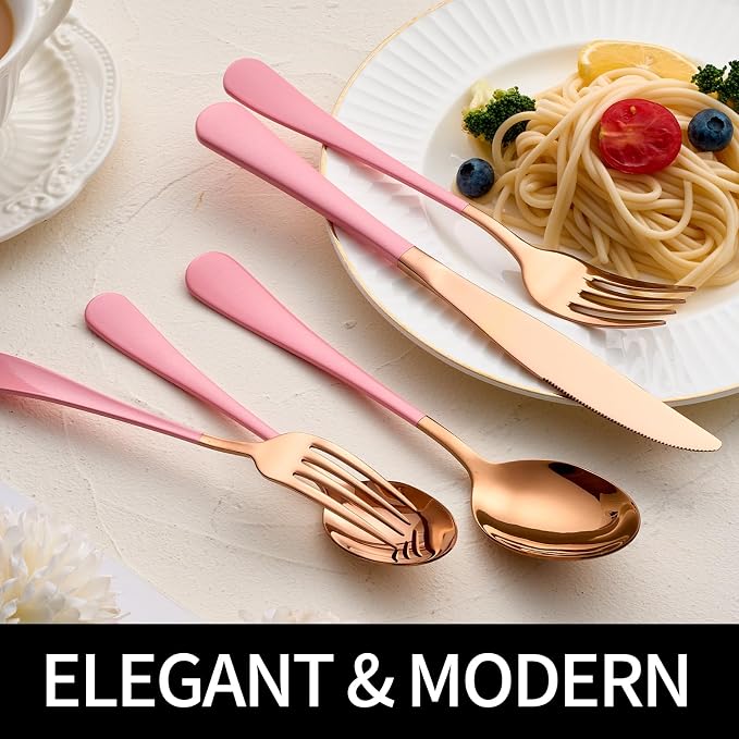 20-Pieces Rose Gold and Pink Silverware Sets for 4,Pink Handle Stainless Steel Cutlery Set, Include Forks Spoons and Knives Set, Dishwasher Safe Utensil Sets for Home Restaurant